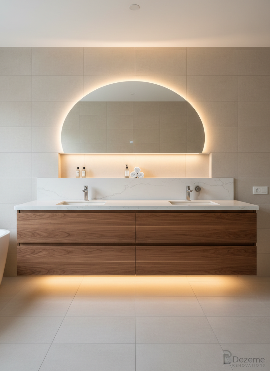 A serene, freshly finished bathroom showcasing a custom-built, wall-to-wall floating vanity made from warm walnut with a matte clear finish, its grain running horizontally in long, continuous lines. A pristine white quartz countertop with a subtle gray veining sits on top, supporting two modern rectangular sinks. The wall behind features large-format, light beige tiles with near-invisible grout lines, and a precisely installed recessed shelf. Soft, flattering LED strip lighting from beneath the vanity and around an unseen mirror casts a gentle glow, creating soft shadows under the cabinet and a luxurious yet practical ambiance. Photographic realism, eye-level wide composition with sharp focus, evoking professionalism, precision craftsmanship, and a calm, spa-like home improvement result by Dezeme Renovations.