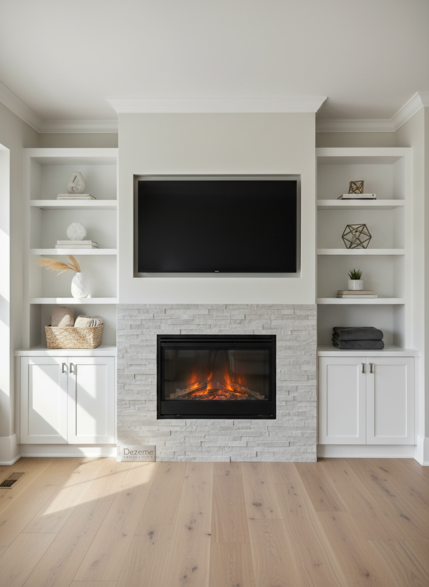 A bright, newly renovated living room corner showcasing custom-built white shaker-style built-in shelves flanking a modern electric fireplace framed in light gray stacked stone, perfectly aligned against a smooth eggshell-painted wall. The shelves display a few neutral-toned decorative objects and folded blankets, emphasizing clean lines and tidy organization. Soft afternoon natural light filters through an off-frame window, casting gentle highlights along the cabinet doors and subtle shadows in the stone texture. Photographic realism, shot from a slightly wide, eye-level angle to capture floor-to-ceiling detail, with sharp focus throughout. The atmosphere feels calm, polished, and welcoming, representing Dezeme Renovations’ ability to turn home improvement visions into functional, stylish reality.