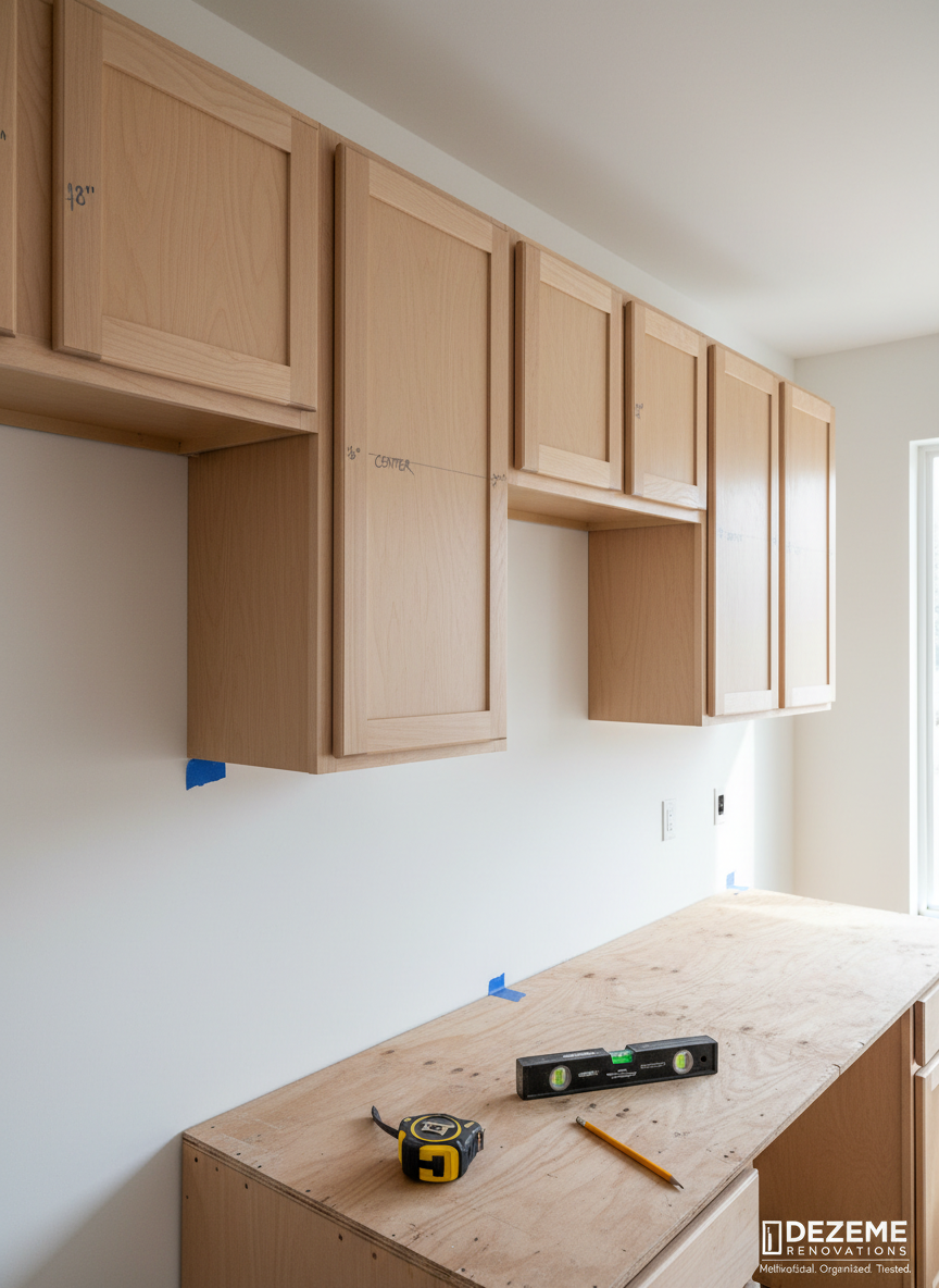 A partially renovated kitchen scene showing a row of new, unfinished maple upper cabinets installed perfectly level along a bare, primed wall, with blue painter’s tape marks indicating precise measurements. The lower half reveals a plywood sub-countertop awaiting final surfaces, with a neatly coiled tape measure, carpenter’s pencil, and digital level resting on top. Natural daylight floods in from the right, casting clean, directional light that creates crisp shadows under the cabinets, emphasizing straight lines and flawless alignment. Photographic realism, framed in a medium-wide shot with rule-of-thirds composition, leaving some negative space for text overlay. The mood is professional and in-progress, conveying trust in Dezeme Renovations as a reliable home improvement partner who is methodical and organized at every step.