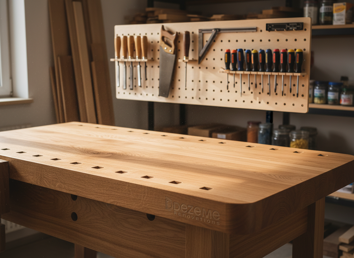 A meticulously organized carpentry workspace featuring a sturdy, freshly sanded oak workbench with visible grain and smooth rounded edges, showcasing Dezeme Renovations’ logo subtly engraved on the front panel. High-quality hand tools—chisels, a brass-backed handsaw, a smooth metal square, and a neatly arranged set of screwdrivers—rest in precise order along a pegboard of light birch. Natural daylight enters from an unseen side window, creating soft, directional light that highlights wood dust motes in the air and gentle shadows on the bench. Photographic realism at eye level, with a shallow depth of field so the workbench is in crisp focus while the background shelving of neatly stacked lumber softly blurs, conveying professionalism, reliability, and craftsmanship.
