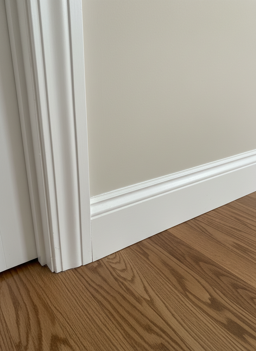 A close-up, photographic realistic detail of a perfectly installed interior door frame in smooth, satin-finished white, seamlessly meeting a freshly painted light beige wall. The mitered corners of the trim are aligned with surgical precision, with a fine shadow line emphasizing the crisp geometry. The floor below features newly laid medium-tone hardwood planks with subtle variation in grain and plank length, running parallel to the wall. Soft, diffused overcast light from a nearby window washes the scene, reducing harsh contrast and highlighting the quality of finish. Shot from a slightly low, angled perspective, the composition uses leading lines of trim and flooring to draw the eye, creating a professional, trustworthy, detail-oriented mood perfect for a handyman and carpentry brand.
