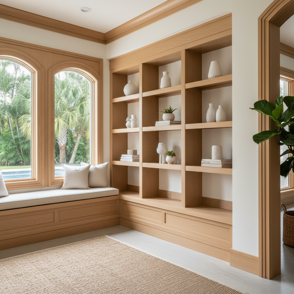 Square photo representing custom carpentry work, such as wood trim and built-in shelving, in a bright, modern Florida home interior