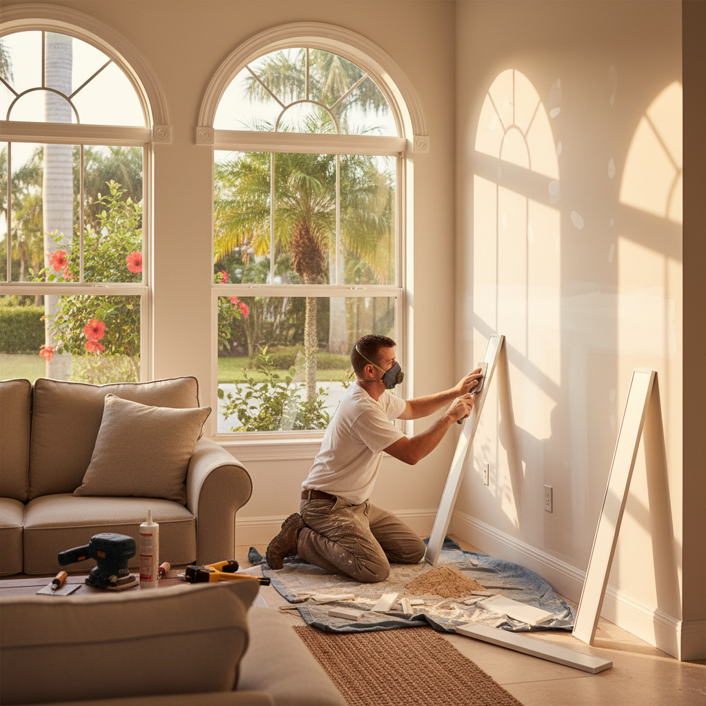 Square photo representing home repair work, showing a professional fixing interior drywall and trim in a bright Florida home